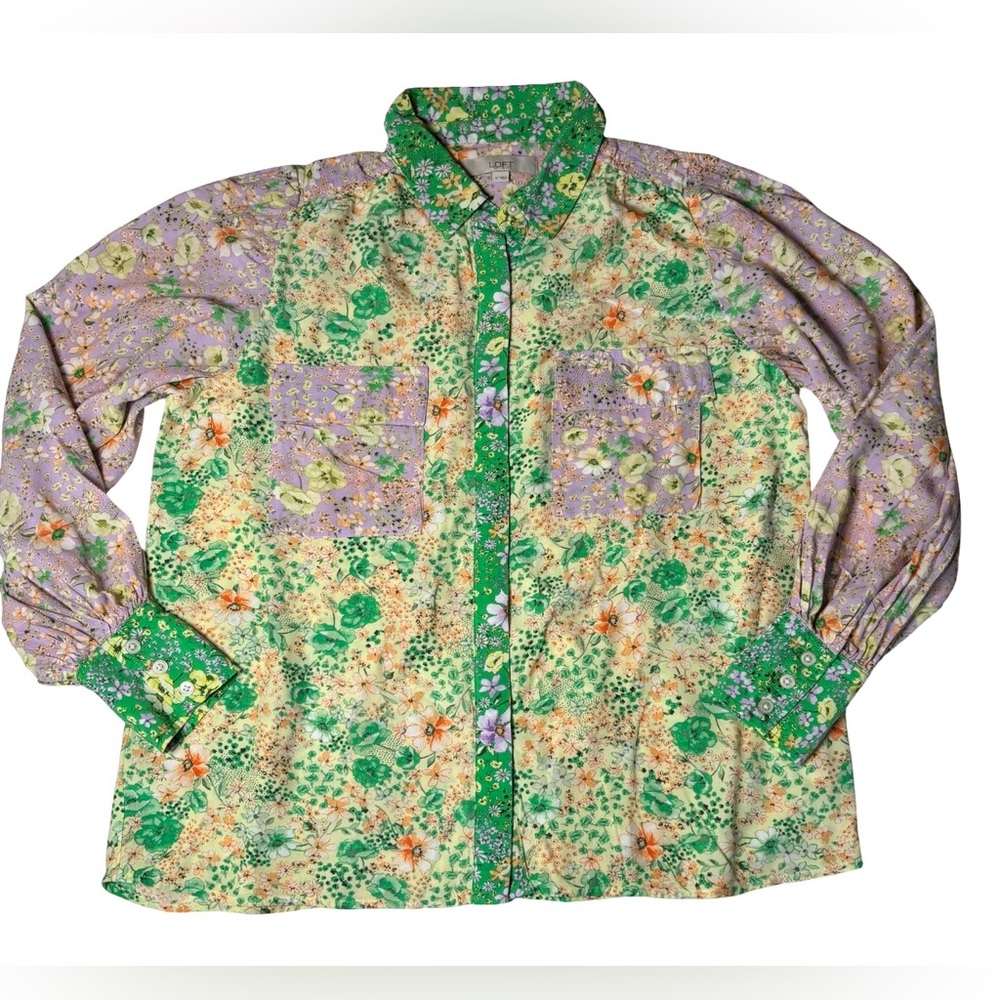 Loft Floral Crepe Utility Shirt Boho Balloon Sleeve Western Green Lavender SZ M - Picture 2 of 5